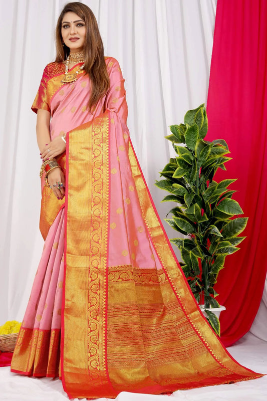 Baby Pink Colour Banarasi Zari Woven Designer Silk Saree
