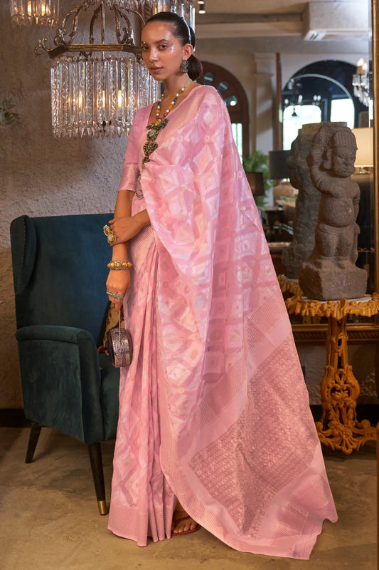 Baby Pink Colour Handloom Woven Pure Linen Silk Saree