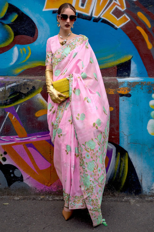 Baby Pink Colour Jacquard Woven Cotton Linen Silk Saree