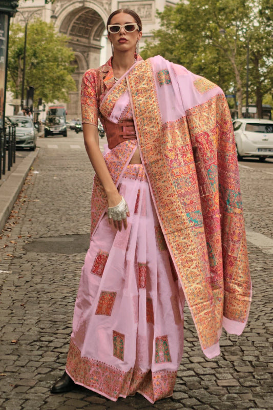 Baby Pink Colour Original Kashmiri Pashmina Silk Handloom Saree