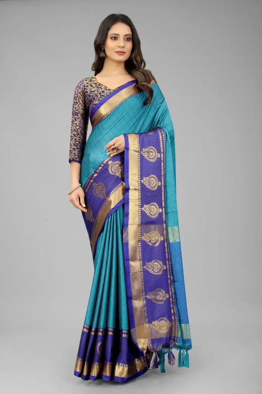 Sky Blue Colour Ready To Wear Banarasi Cotton Silk Saree