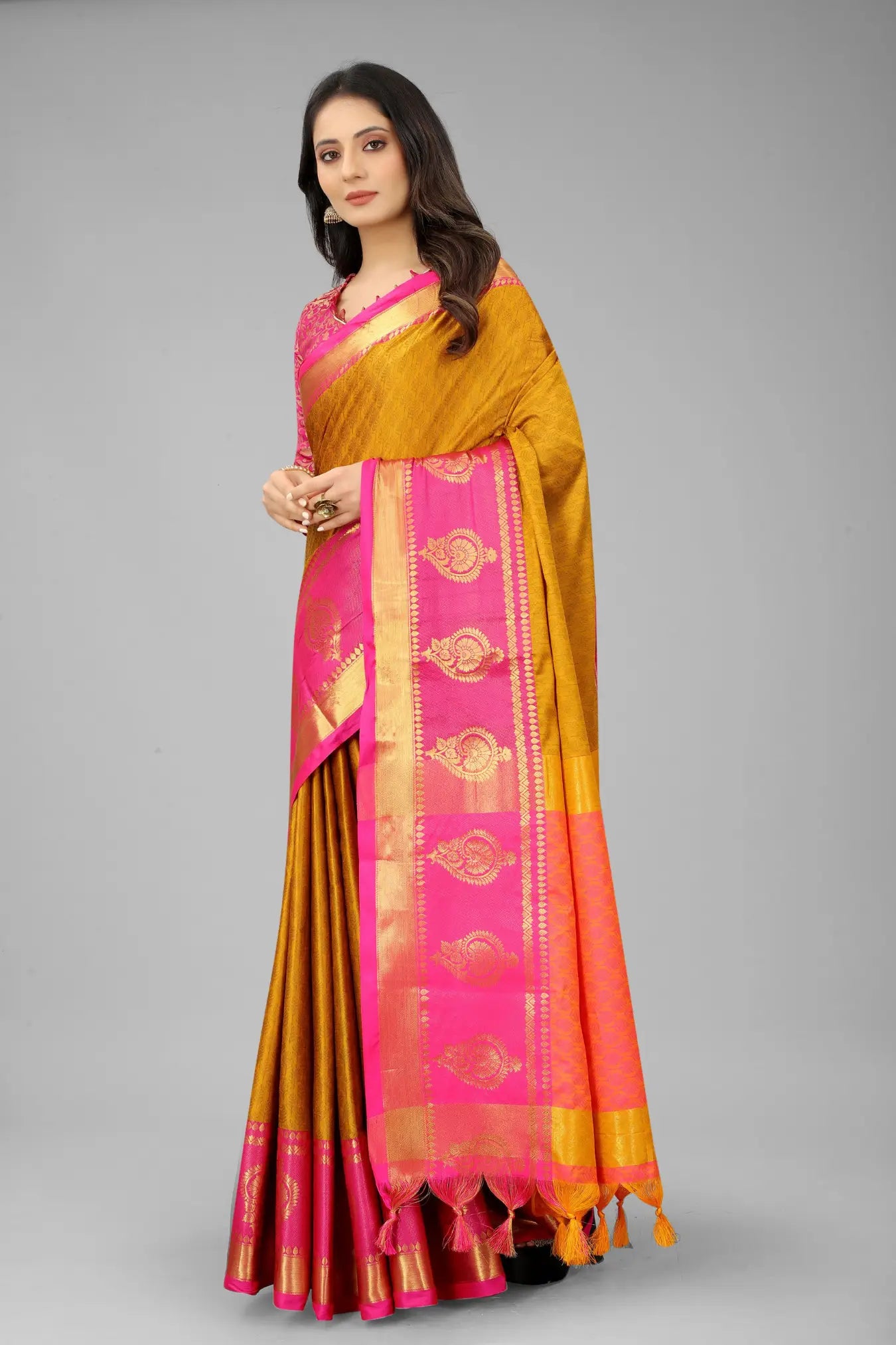 Yellow Colour Ready To Wear Banarasi Cotton Silk Saree