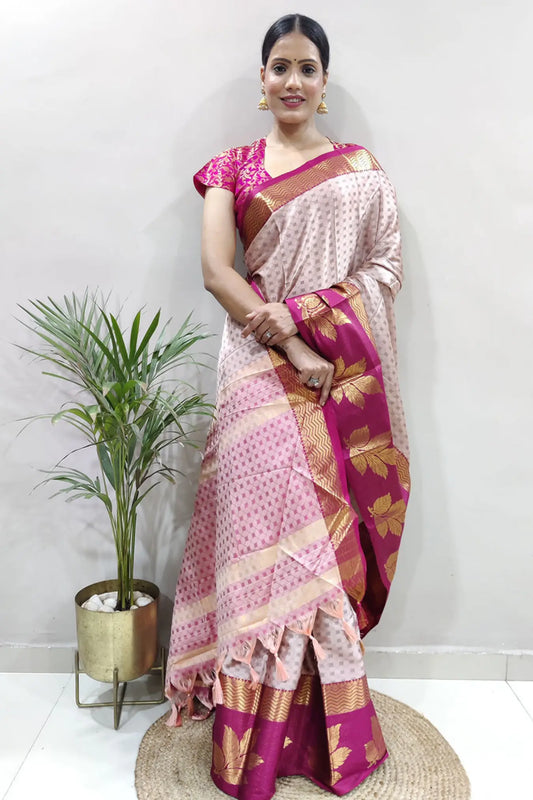 Beige Colour Indian Ethnic Wear Banarasi Soft Silk Saree