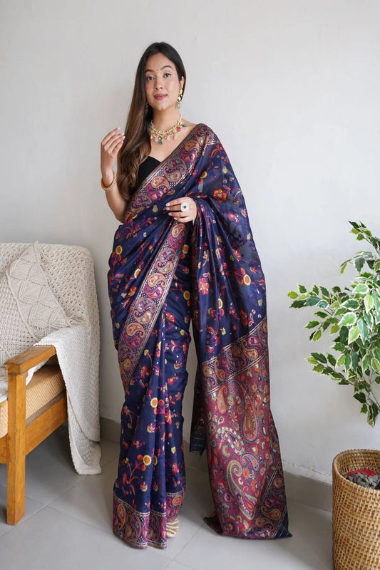 Beautiful Blue Colour Kashmiri Work Cotton Silk Saree with Blouse Piece