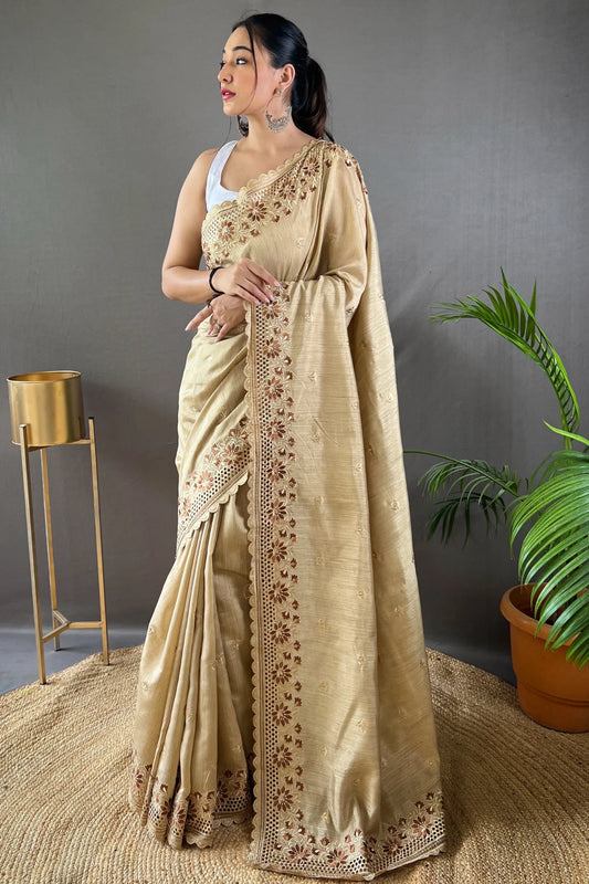 Beautiful Embroidered Designer Cream Colour Handloom Silk Saree