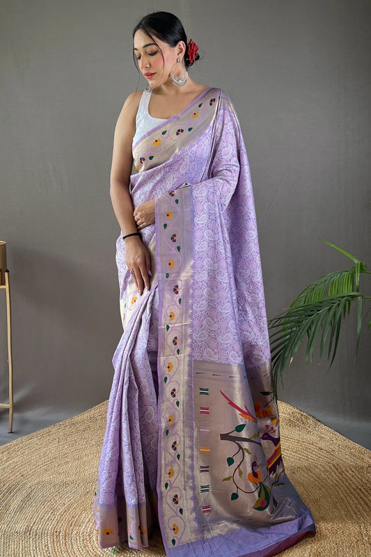 Beautiful Lavender Colour Lucknowi Weaving Paithani Silk Saree