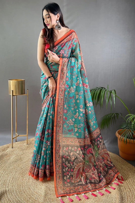 Beautiful Light Blue Colour Kalamkari Printed Silk Saree