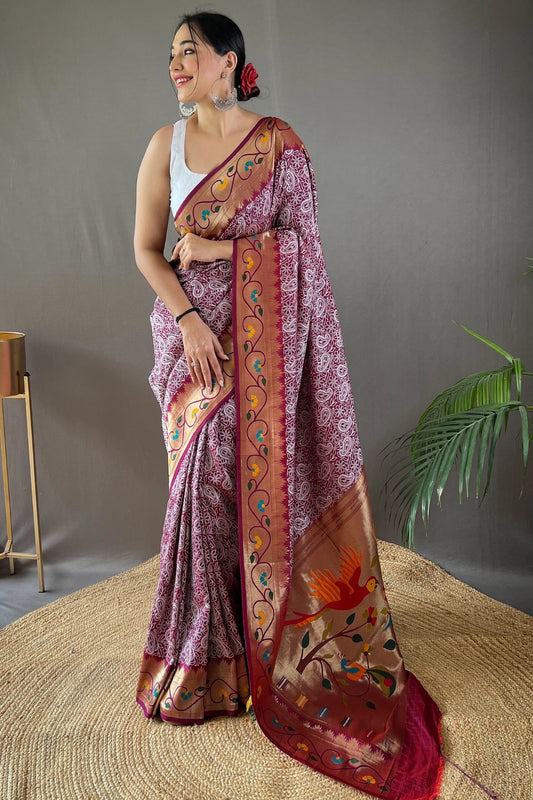 Beautiful Maroon Colour Lucknowi Weaving Paithani Silk Saree