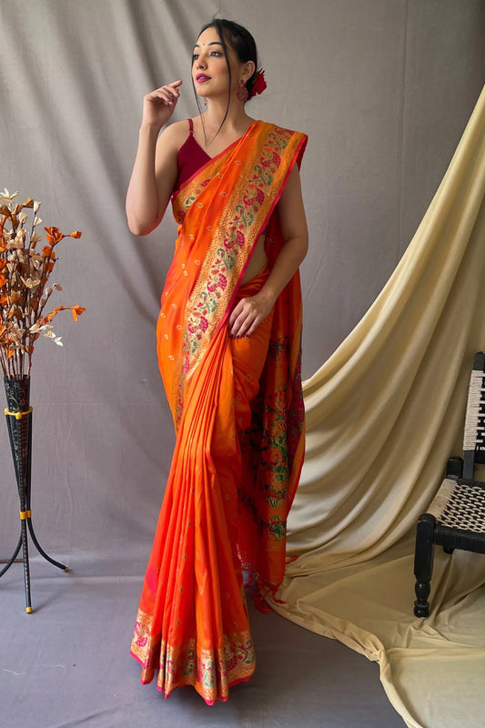 Beautiful Orange Colour Paithani Soft Silk Saree