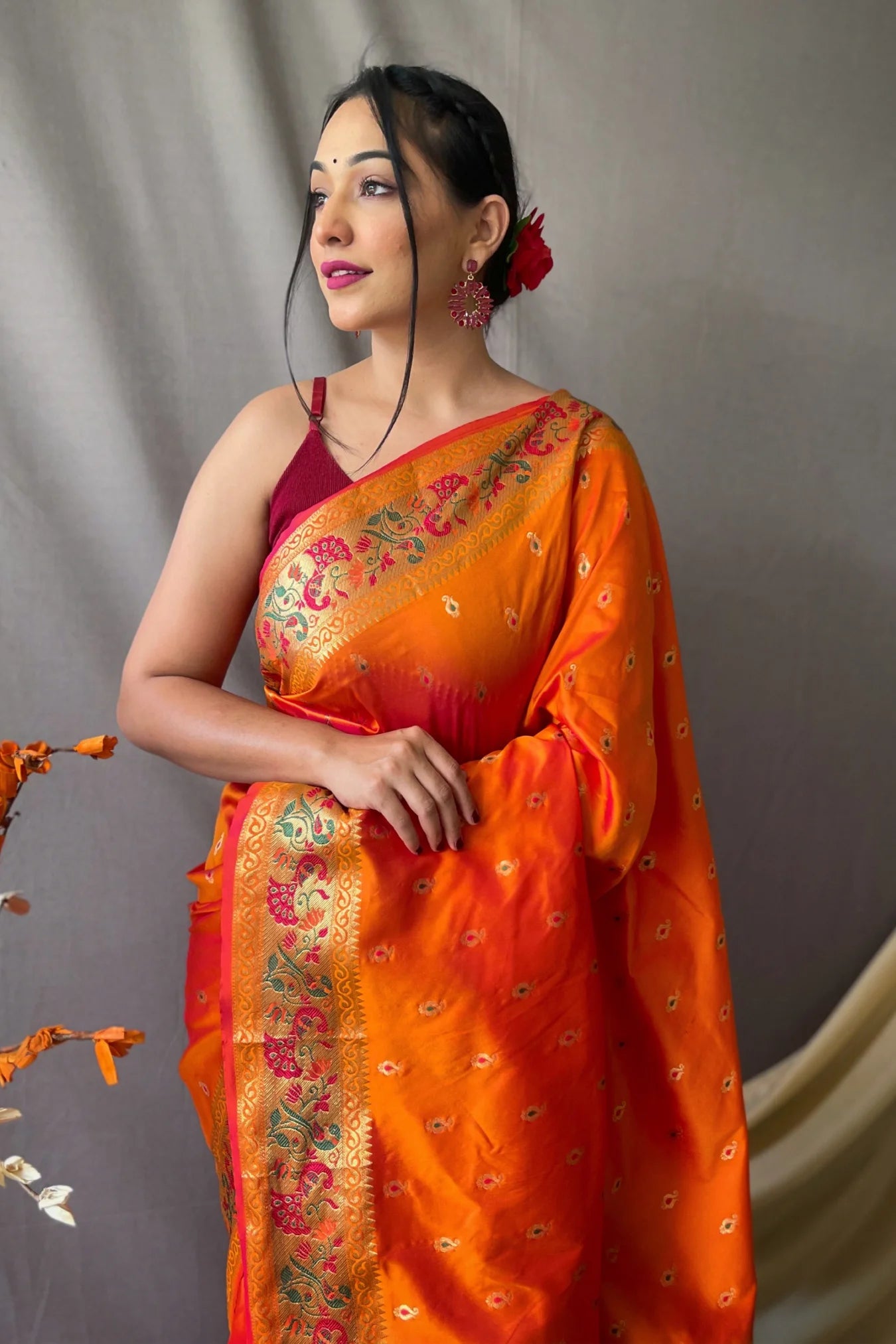 Beautiful Orange Colour Paithani Soft Silk Saree