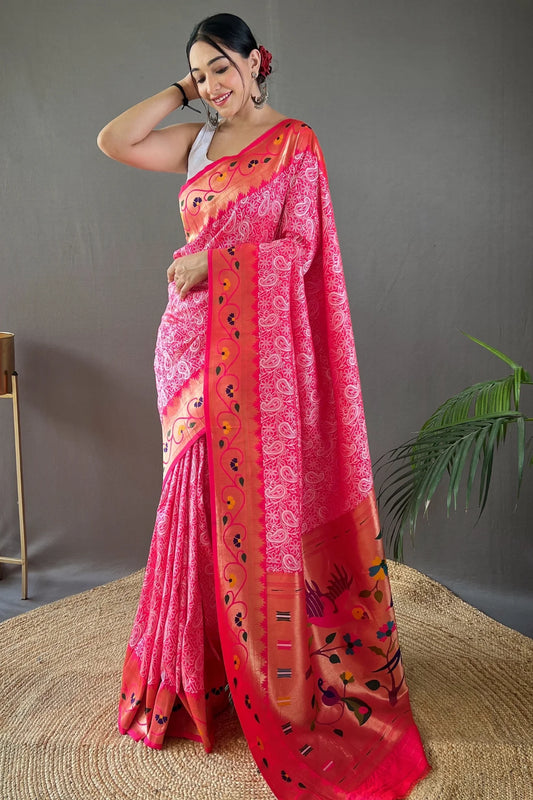 Beautiful Pink Colour Lucknowi Weaving Paithani Silk Saree