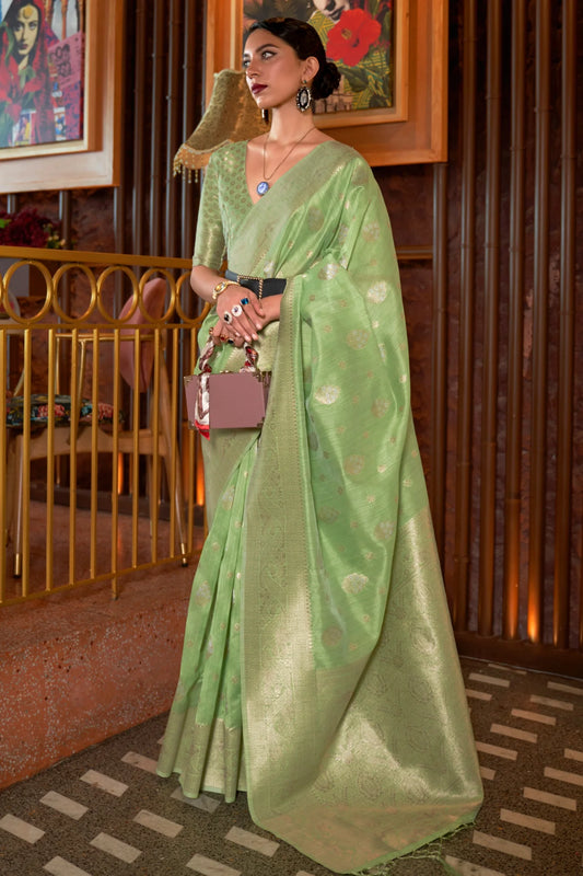 Beautiful Pista Green Colour Handloom Weaving Silk Saree