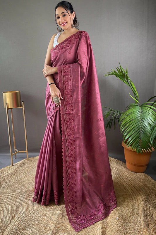 Beautiful Rama Pink Colour Embroidered Designer Handloom Silk Saree