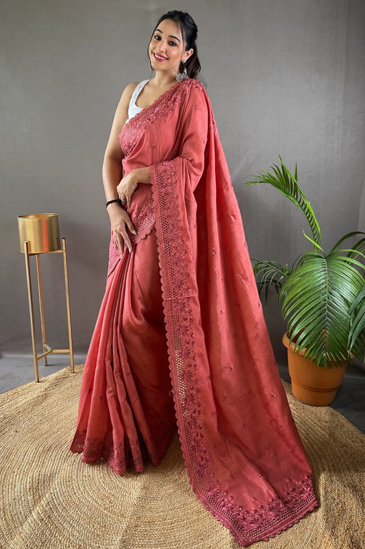 Beautiful Rose Pink Colour Embroidered Designer Handloom Silk Saree