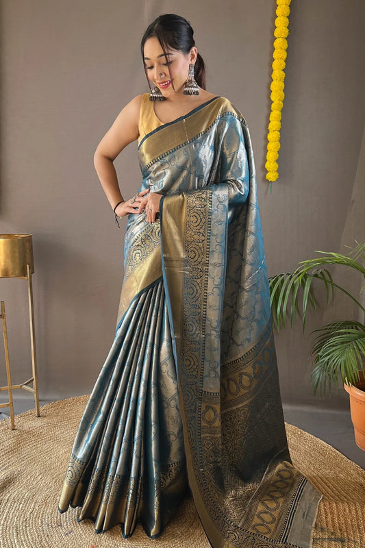 Beautiful Soft Weaving Sky Blue Colour Kanchipuram Silk Saree