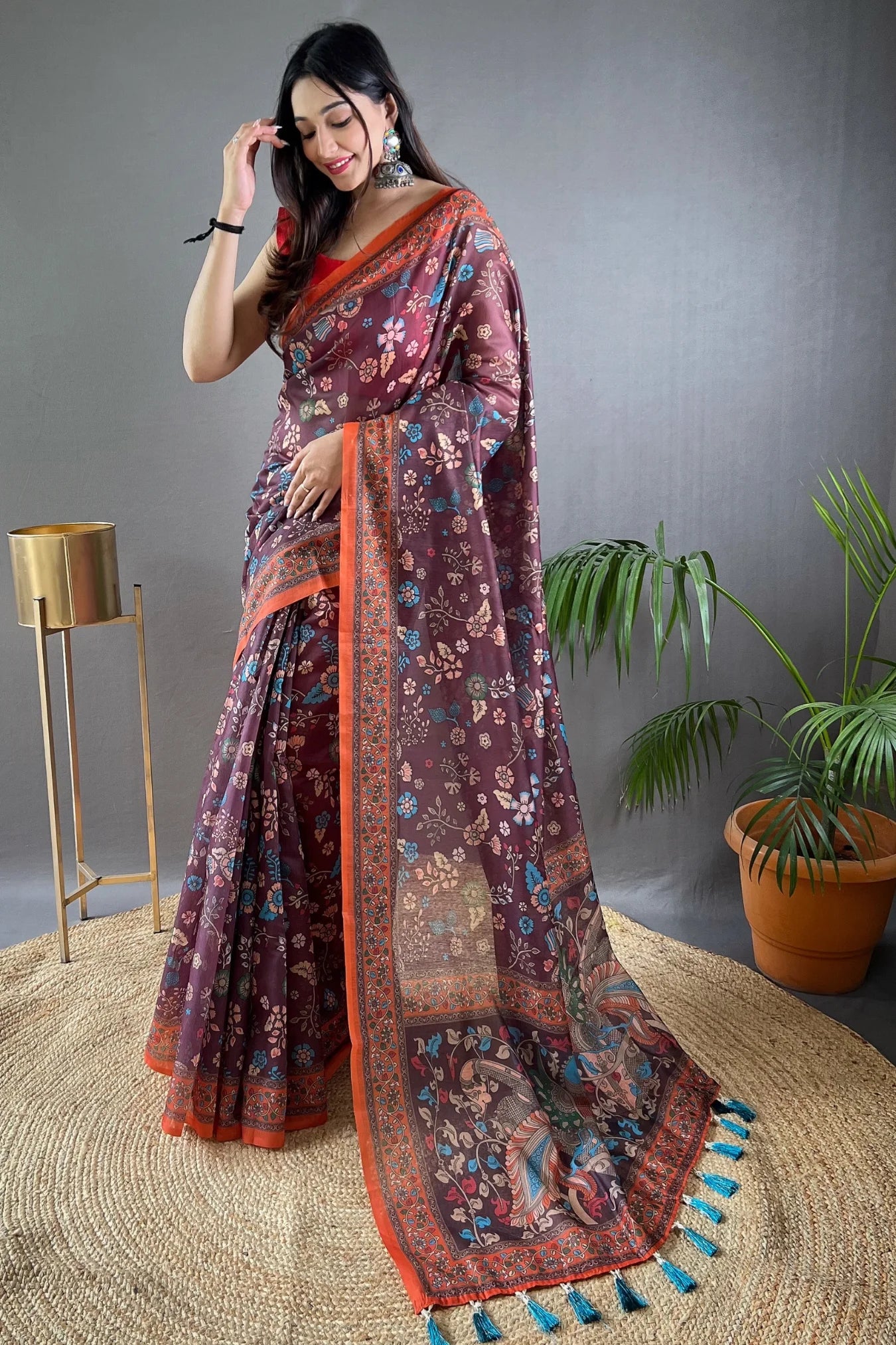 Beautiful Brown Colour Kalamkari Printed Silk Saree