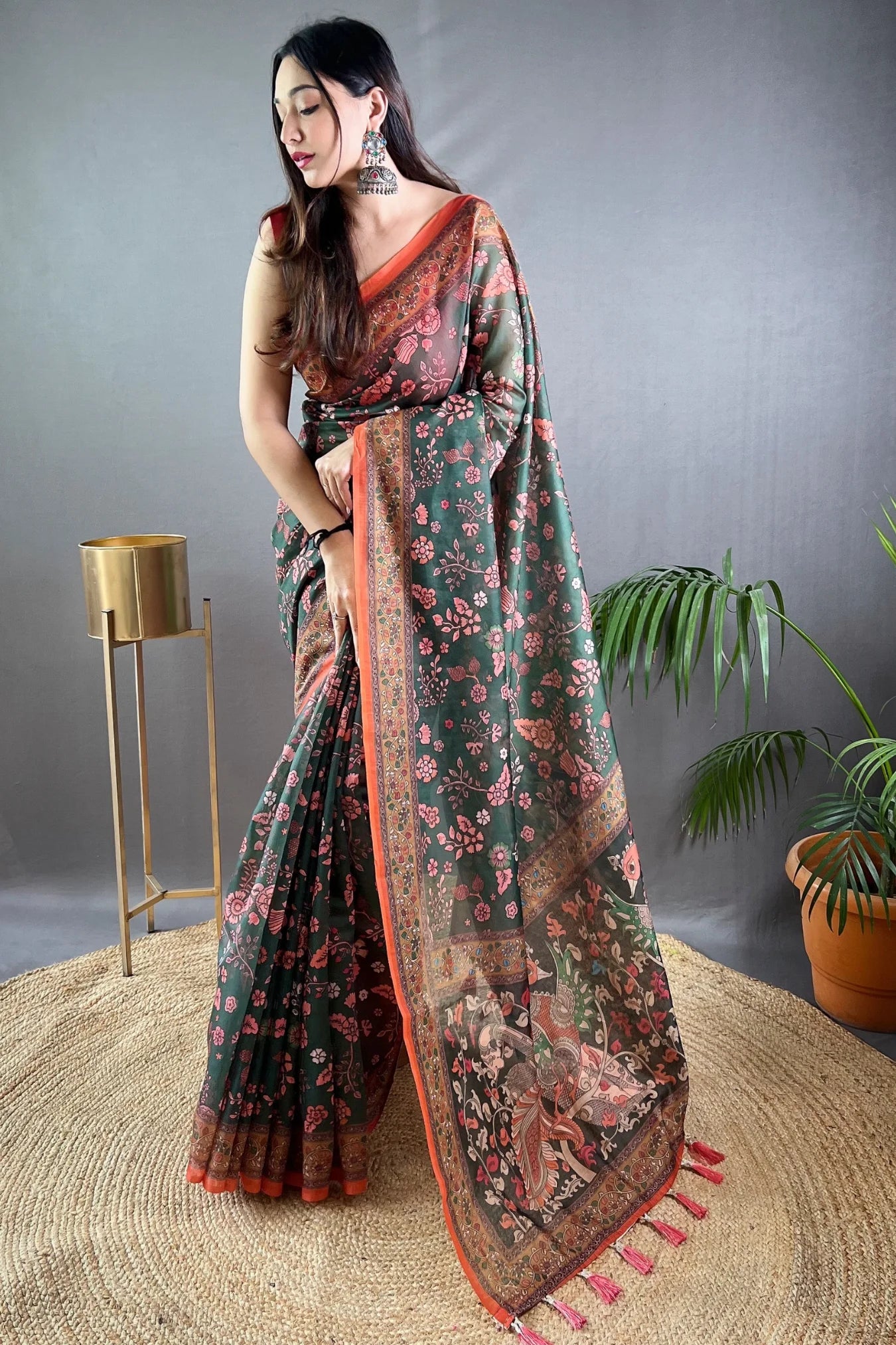 Beautiful Dark Green Colour Kalamkari Printed Silk Saree