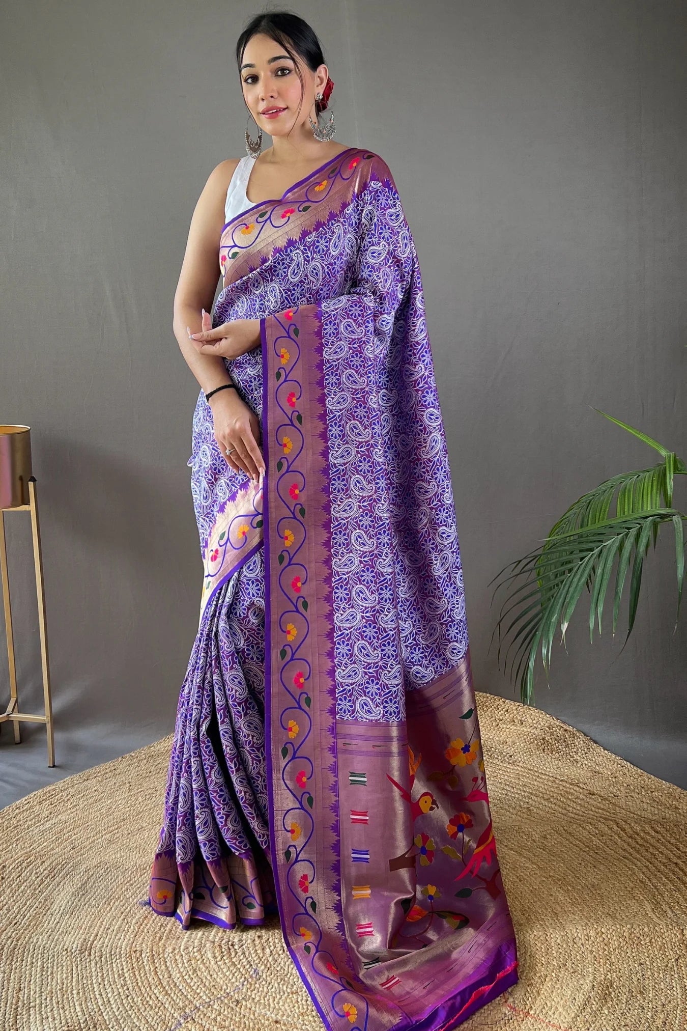 Beautiful Purple Colour Lucknowi Weaving Paithani Silk Saree