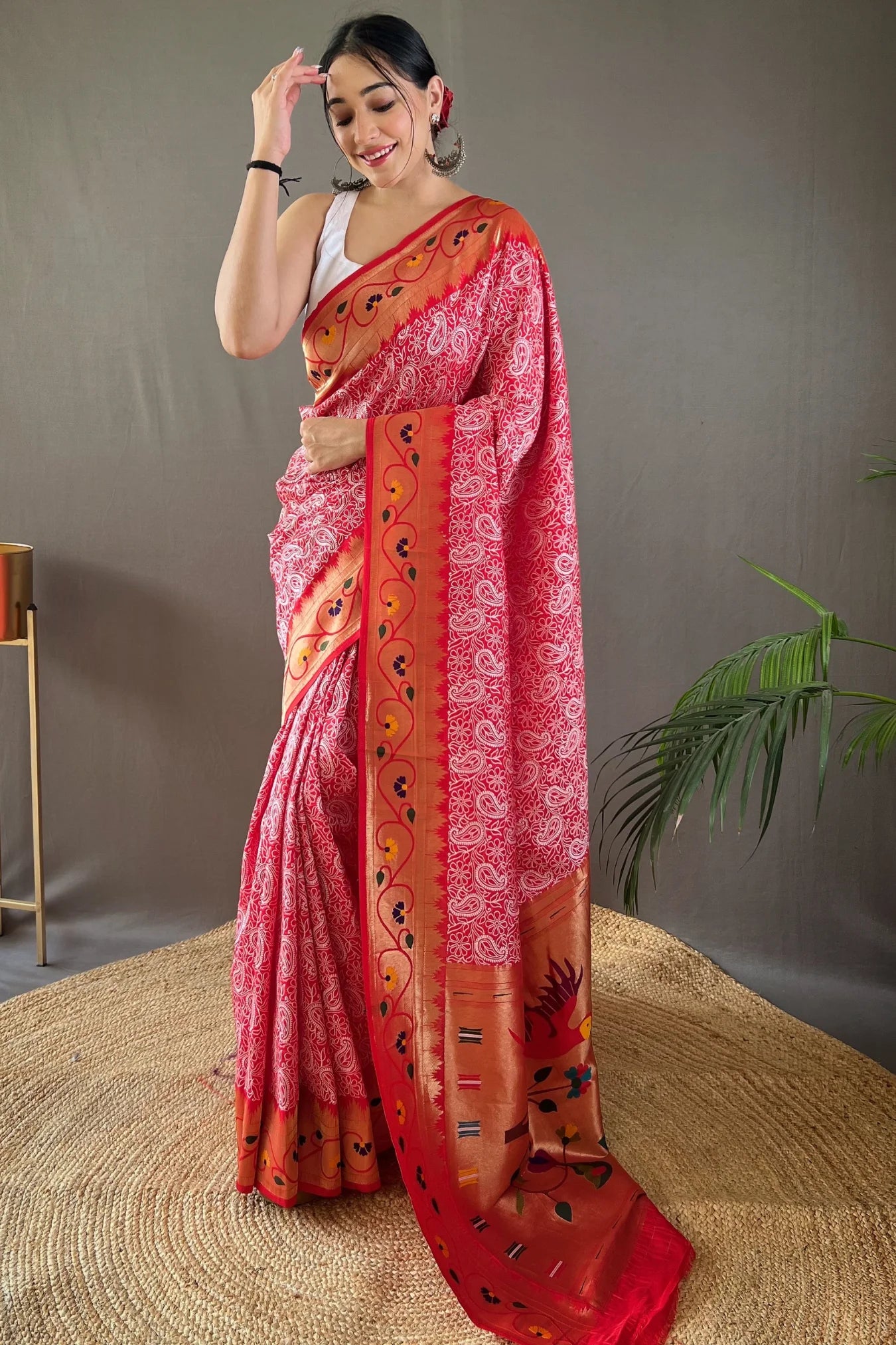 Beautiful Red Colour Lucknowi Weaving Paithani Silk Saree