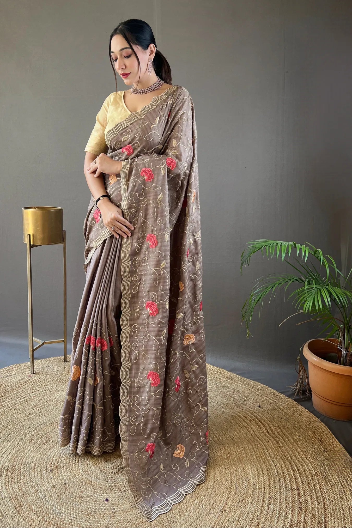 Beige Colour Floral Design Handloom Tussar Silk Saree