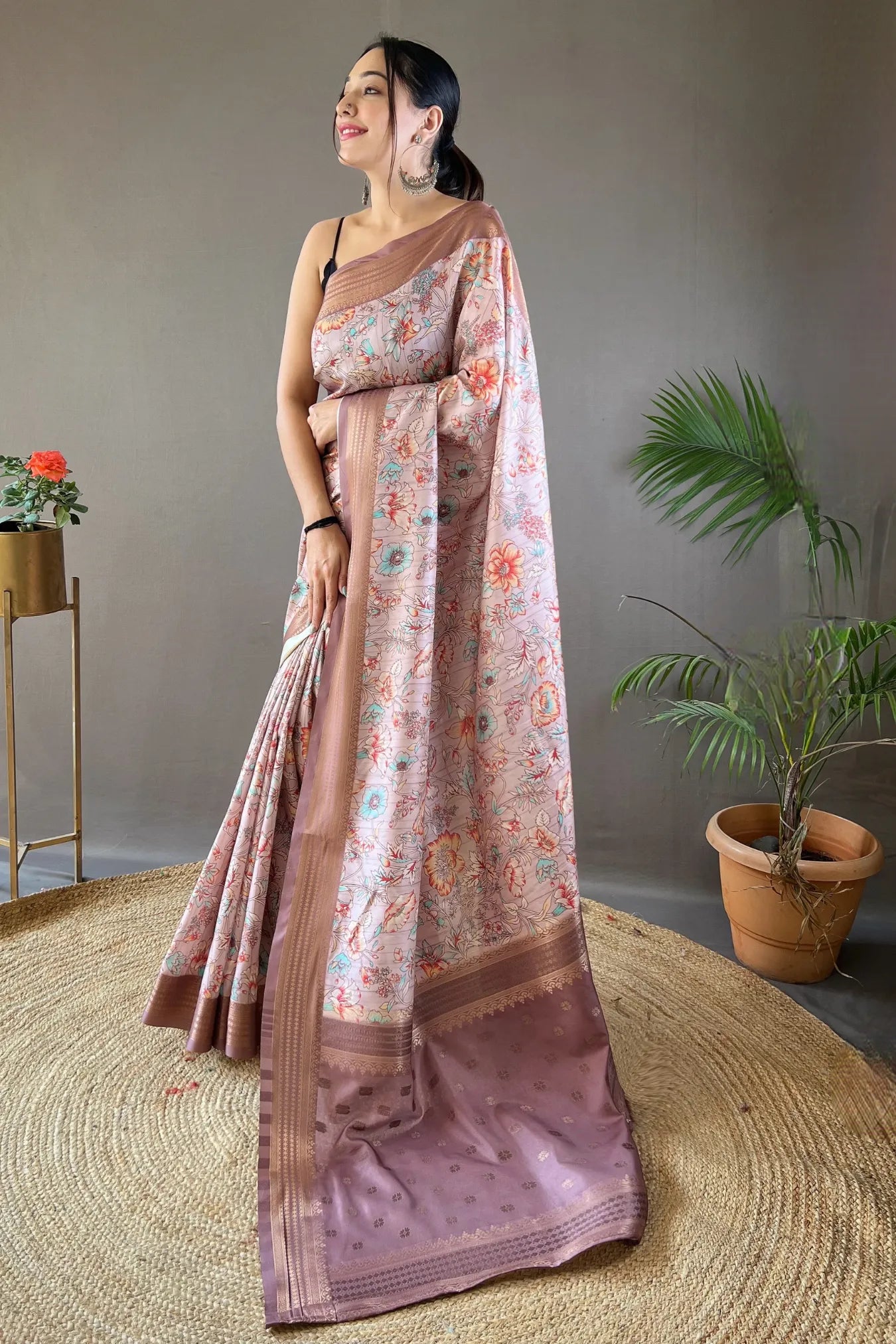 Beige Colour Floral Design Printed Silk Saree
