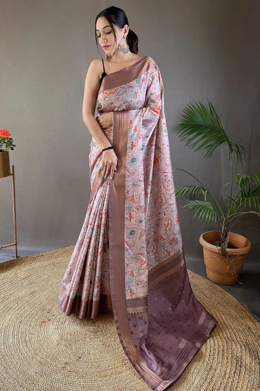 Beige Colour Floral Design Printed Silk Saree