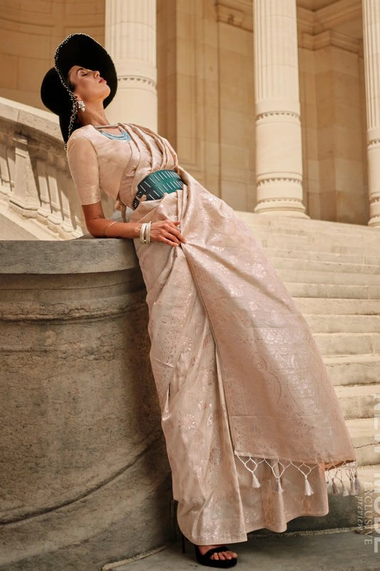 Beige Colour Gota Handloom with Zari Weaving Silk Saree