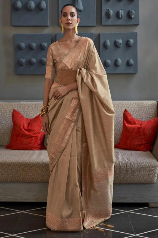 Beige Colour Jacquard Woven Kanjivaram Silk Saree