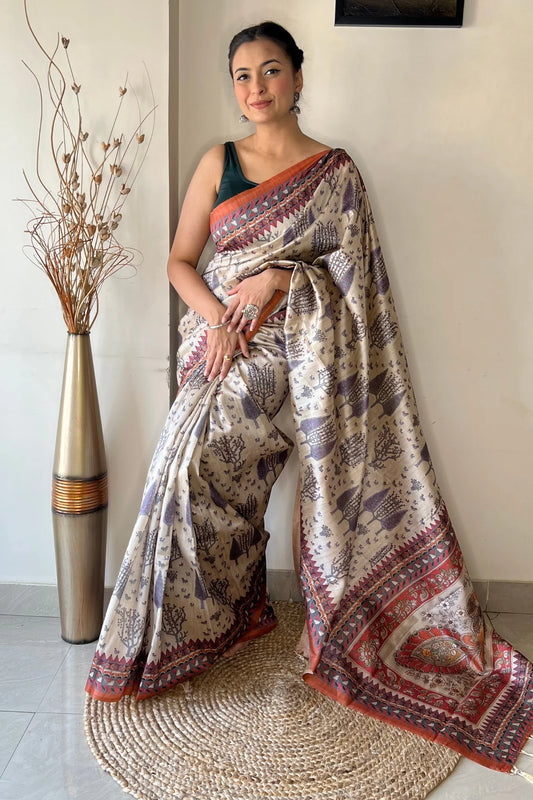 Beige Colour Kalamkari Printed Soft Silk Saree