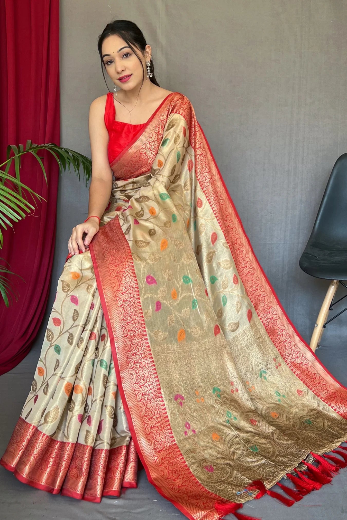 Beige Colour Meenakari Woven Kanjivaram Tissue Silk Saree