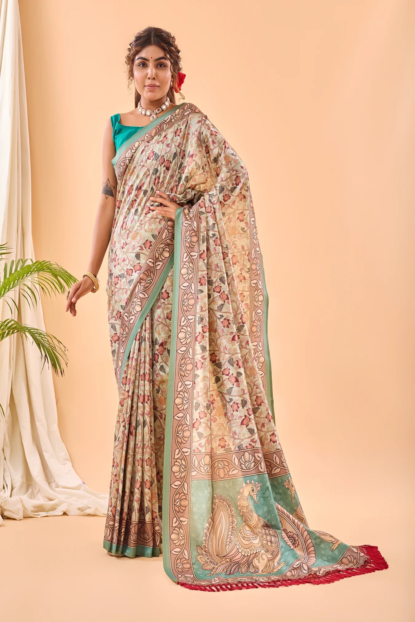 Beige Colour Kalamkari Floral Printed Soft Silk Saree