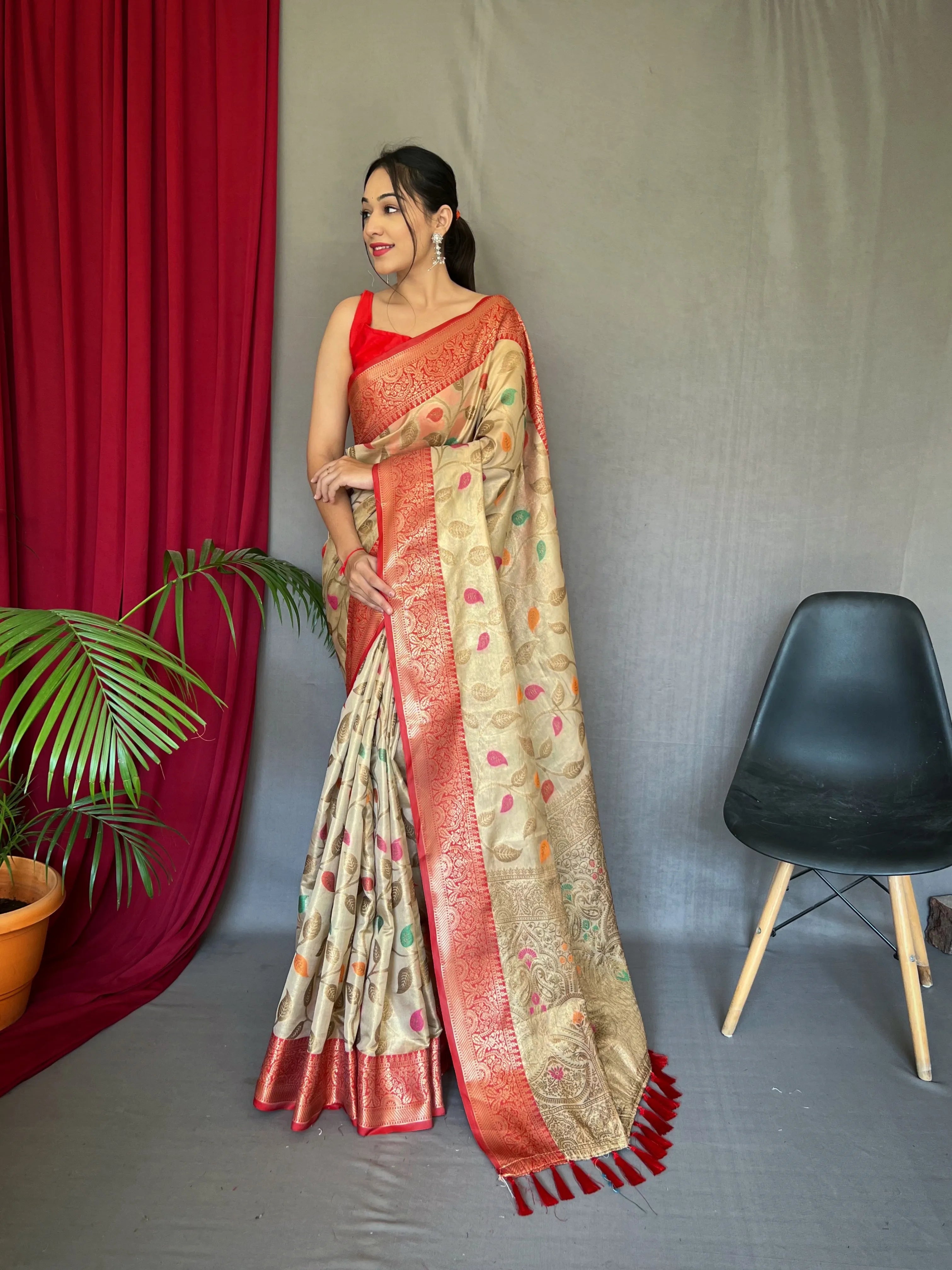 Beige Colour Meenakari Woven Kanjivaram Tissue Silk Saree