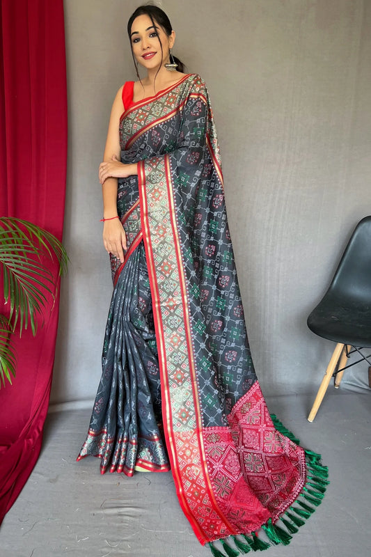 Black Colour Rangeen Patola Contrast Woven Silk Saree