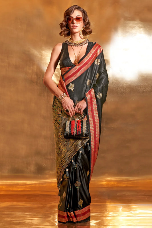 Black Colour Contrast Handloom Weaving Satin Silk Saree