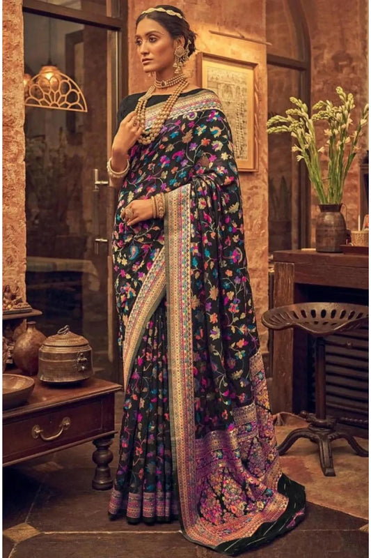 Black Colour Kashmiri Handloom Modal Designer Silk Saree