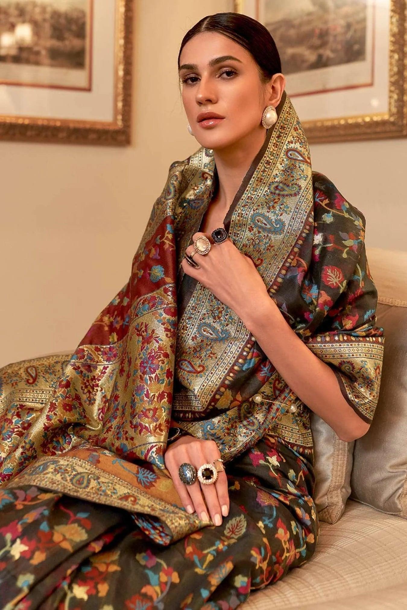 Black Colour Kashmiri Weaving Silk Saree with Indian Rich Pallu