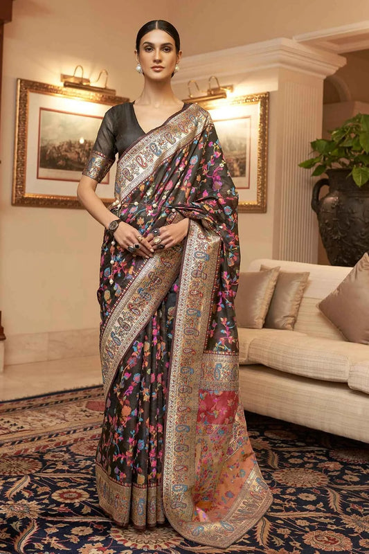 Black Colour Kashmiri Weaving Silk Saree with Indian Rich Pallu