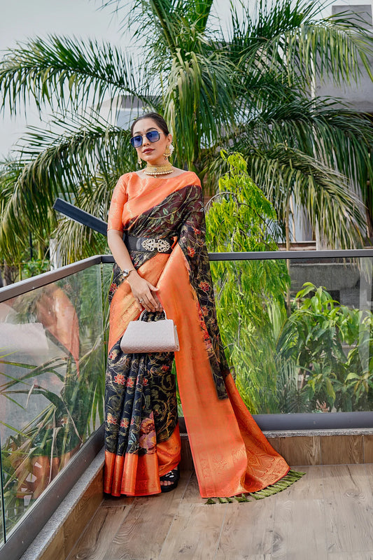 Black Colour Orange Kora Muslin Silk Floral Printed Zari Woven Saree