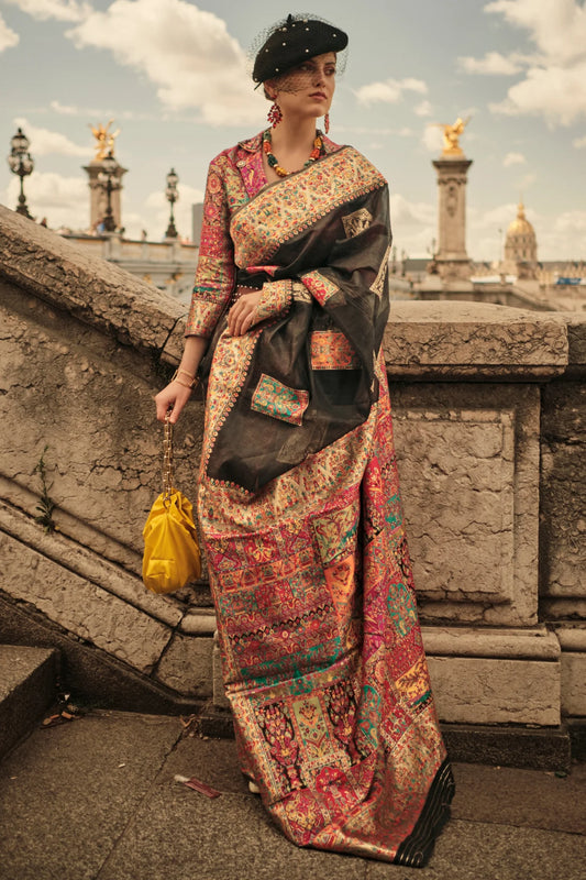 Black Colour Kashmiri Pashmina Silk Handloom Saree