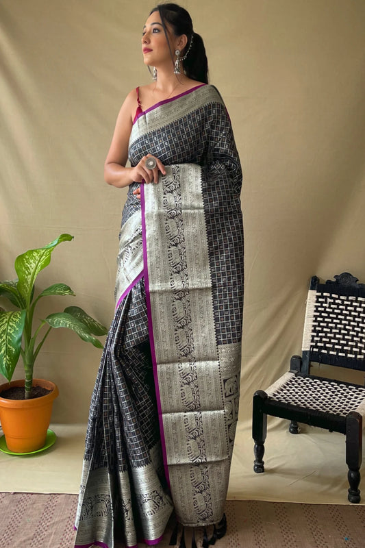 Black Colour Silver Weaving Soft Silk Saree