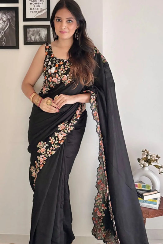 Black Colour Embroidery Pallu Woven Georgette Silk Saree