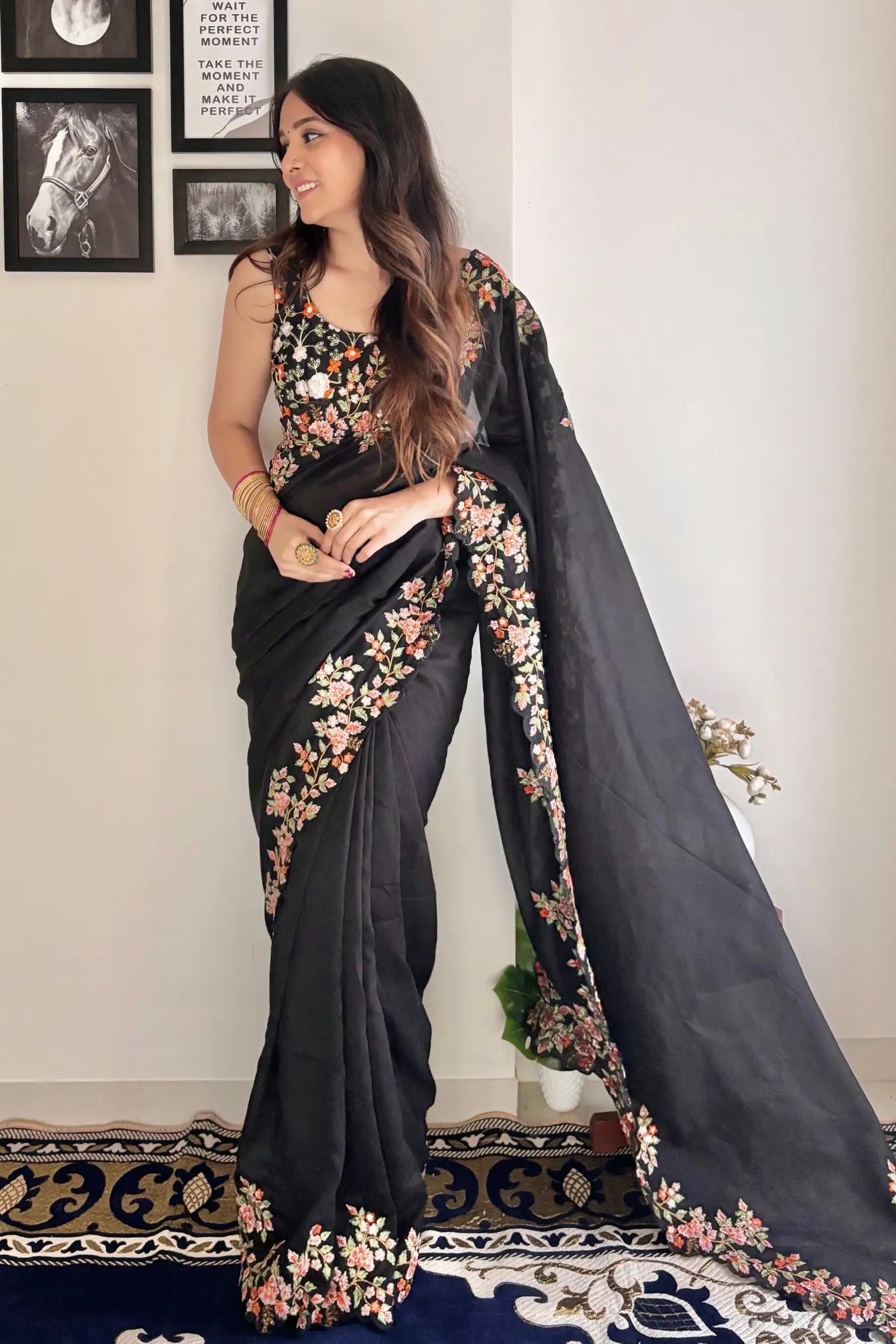 Black Colour Embroidery Pallu Woven Georgette Silk Saree