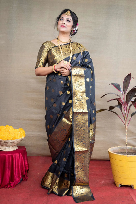 Black Colour Zari Weaving Banarasi Silk Saree