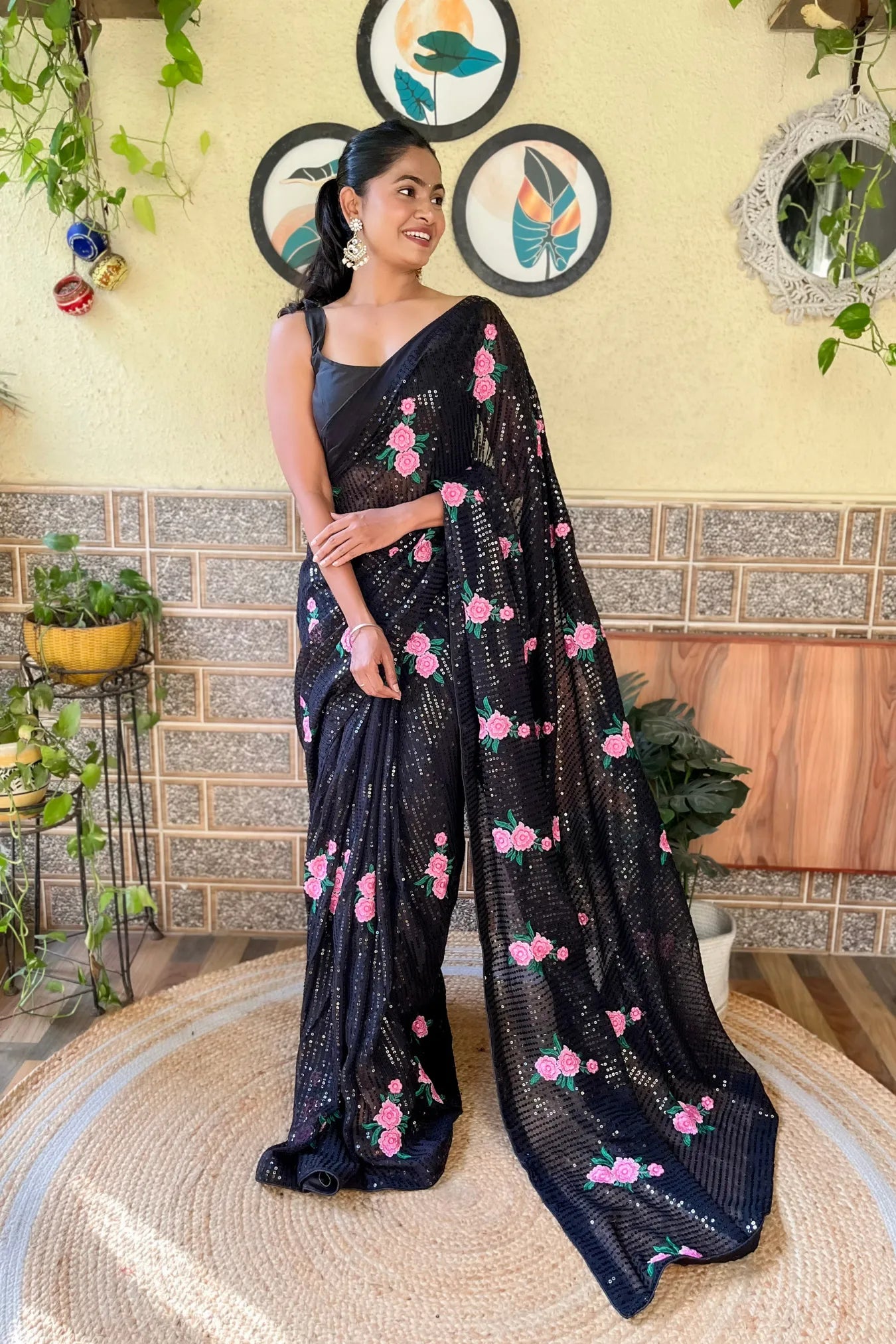 Black Colour Georgette Sequence Embroidery Work Silk Saree