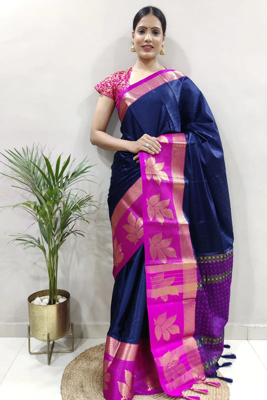 Dark Blue Colour Indian Ethnic Wear Banarasi Soft Silk Saree