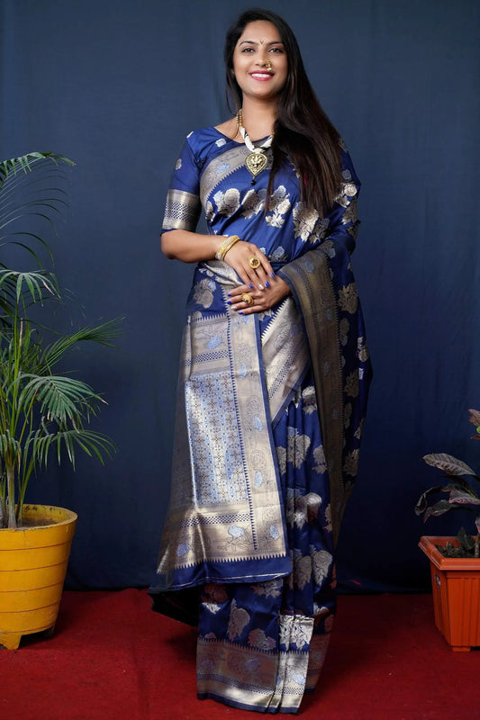 Blue Colour Beautiful Banarasi Silk Saree