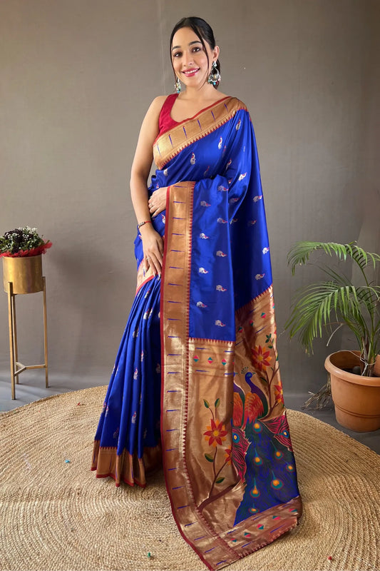 Blue Colour Contrast Border Weaving Paithani Silk Saree