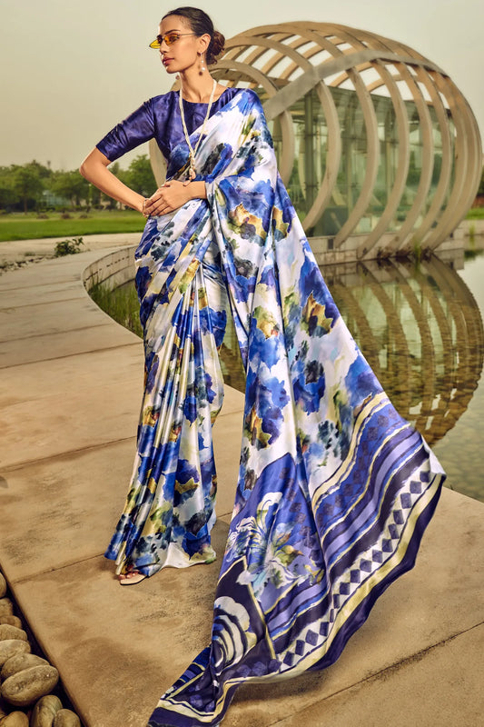 Blue Colour Floral Printed Classic Satin Silk Saree