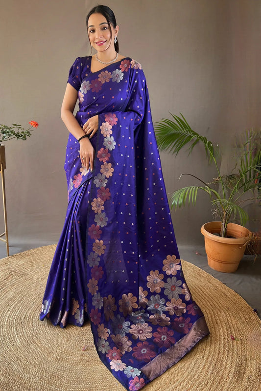 Blue Colour Floral Weaving Banarasi Silk Saree