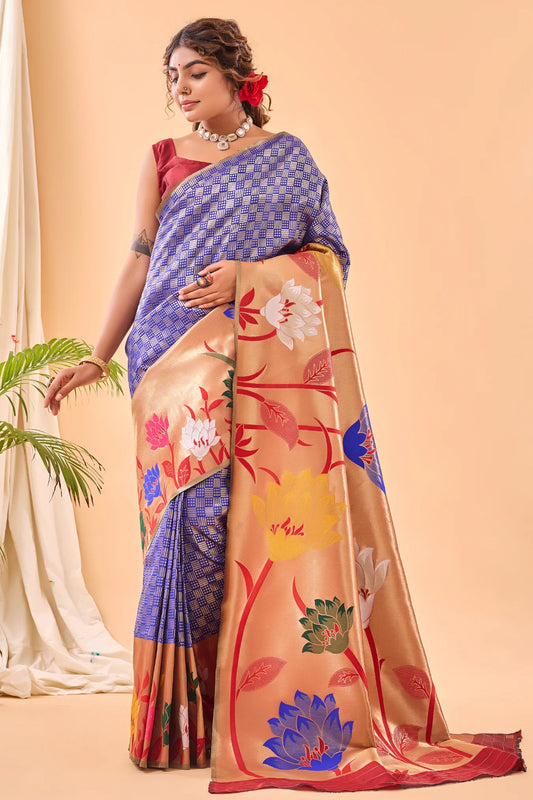 Blue Colour Floral Woven Paithani Silk Saree